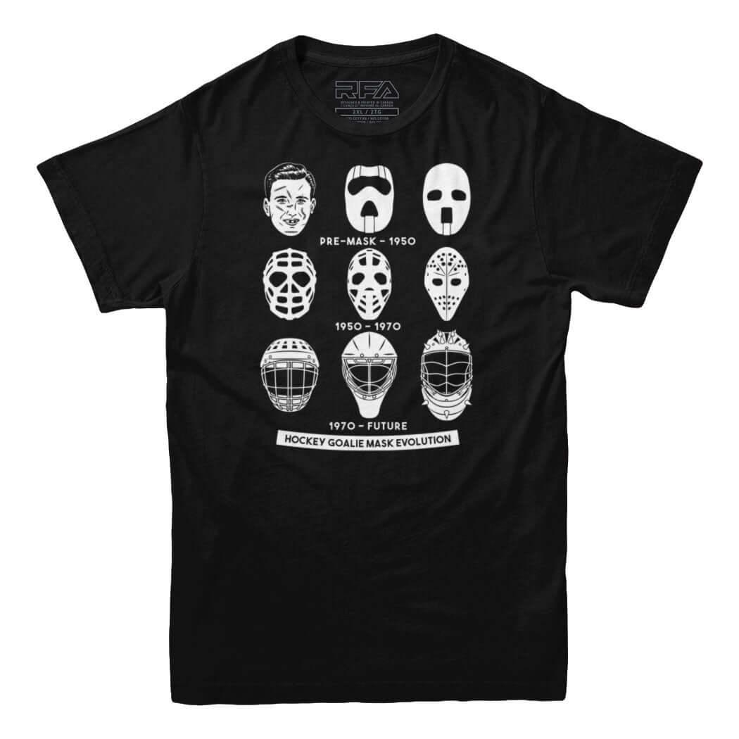 Hockey Goalie Mask Evolution T-shirt - Rocket Factory Apparel