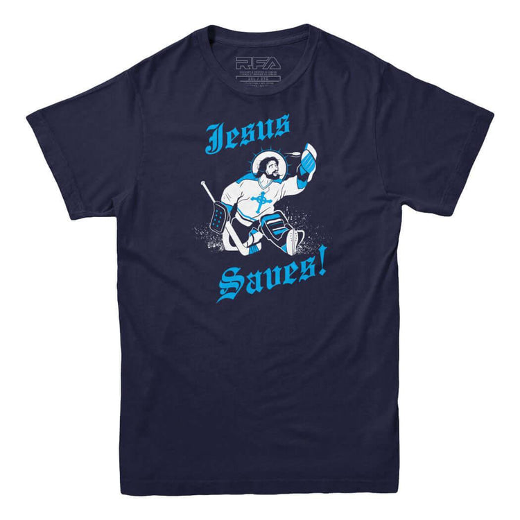 Jesus Saves Goalie T-shirt - Rocket Factory Apparel